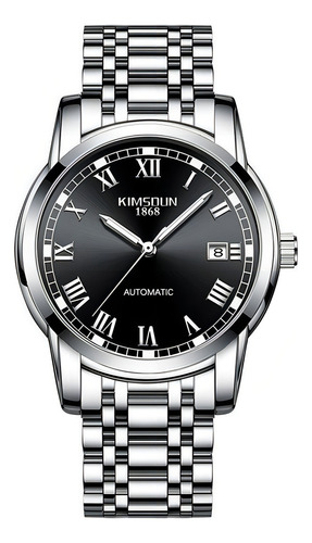 Relógio mecânico Kimsdun com pulseira de aço e algarismos romanos, cor de fundo: prata, preto