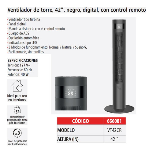 Ventilador de torre Iusa VT42CR estructura color negro 127V