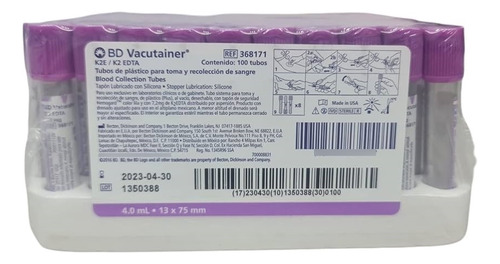 Tubo Vacutainer Lila Edta  4ml Gradilla Con 100 Piezas