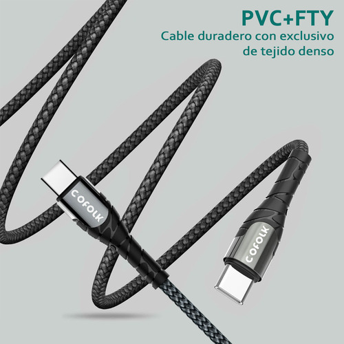 Imagen 3 de 5 de Cable De Carga 2 Metros De Usb C A Usb C Pd 65 Watts Cofolk