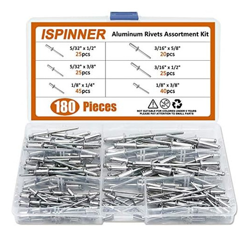 Ispinner 180 Remaches Ciegos De Aluminio De 6 Tamaños, Kit S