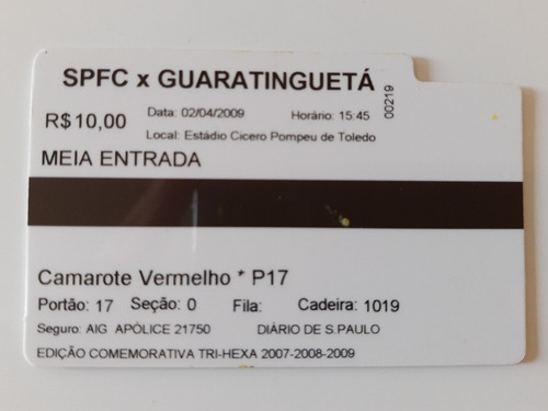 Ingresso São Paulo / Morumbi Tipo Cartão - Perfeito Estado