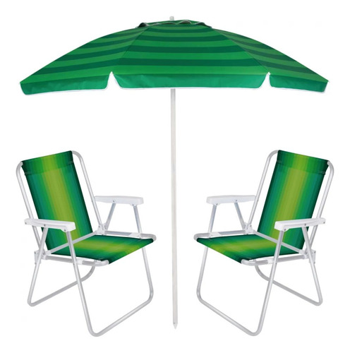2 Cadeiras De Praia + Guarda Sol 2,40 M Articulado Verde