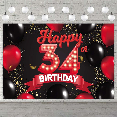Cartel De Feliz Cumpleaños Número 34, Color Rojo Y Negro, De