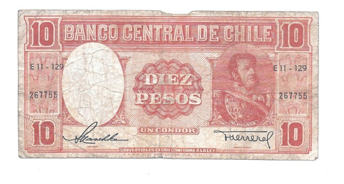 Liquido Billete De Chile.  10 Pesos 1958