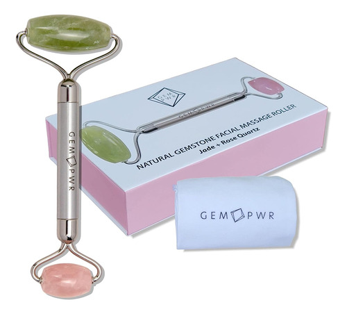 Gem Pwr Cuarzo Rosa  Rodillo De Jade Para Masaje Facial Y Cu