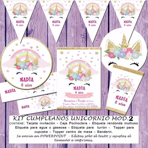 Kit Imprimible Editable Cumpleaños  Unicornio Mod 2