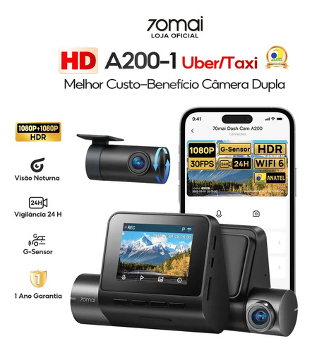 Câmera Veicular 70mai A200-1 Full HD 1080p HDR + 1080P 2" Tela Wi-Fi APP 24H Visão Noturna/ Câmera Traseira Uber Nightvis