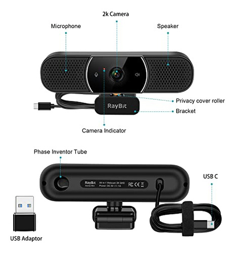 Cámara Web 3 En 1 - Cámara Web Usb C De 2k Hd Con Micrófono