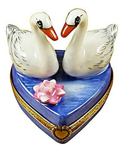 Caja De Limoges Con Dos Cisnes En Forma De Corazón