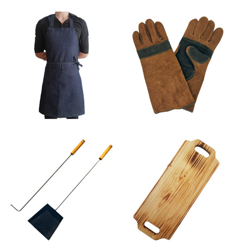 Kit Parrillero Pala Atizador Tabla Delantal Guantes Asador 