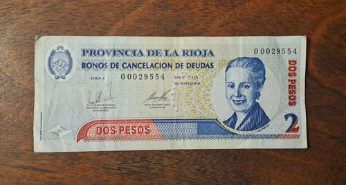 Bono Provincia De La Rioja 2 Pesos Evita Año 2001. Mb (Usado)