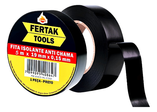 Kit 5 Fita Isolante 5mts 19x0,15mm Anti Chama Fertak Cor Preto Lisa
