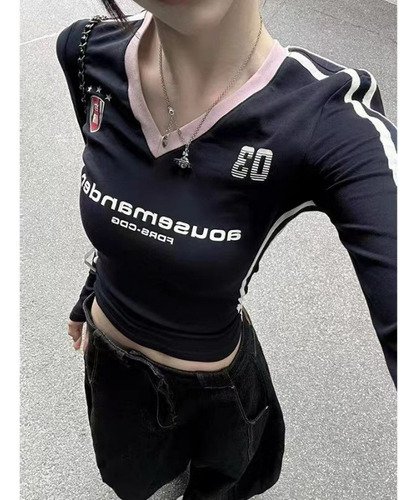 Camiseta Deportiva De Manga Larga Con Cuello En V Para Mujer
