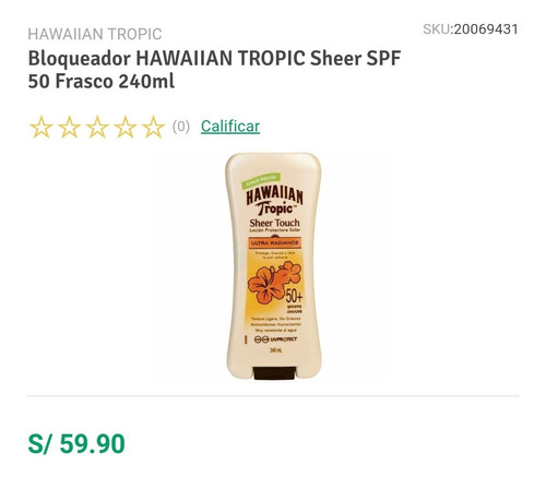 Bloqueador Hawaiian Tropic Sheer Spf 50 Frasco 240ml