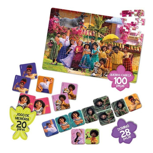 Kit Quebra Cabeça + Dominó + Jogo Da Memória Mirabel Encanto