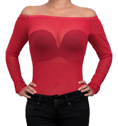 Blusa Body Campesino Cuello Bandeja Transparente Malla Licra