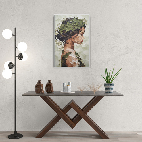 Marco para salón, pintura de mujer con hojas en el pelo, 60 x 90 cm, color blanco