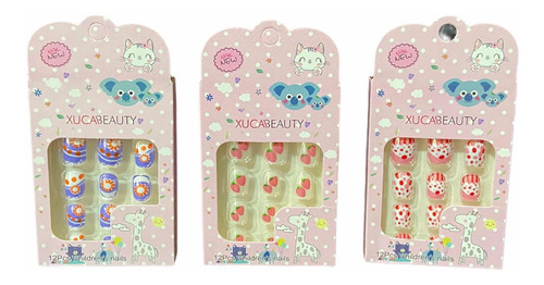 Pack De 3 Set Uñas Postizas Diseños Para Niñas + Pegamento