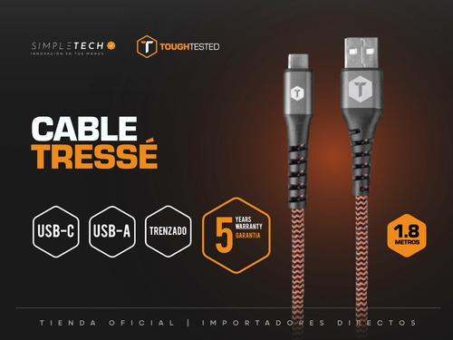 Imagen 1 de 3 de Cable Cargador Tipo C Carga Rapida 1.8m Toughtested