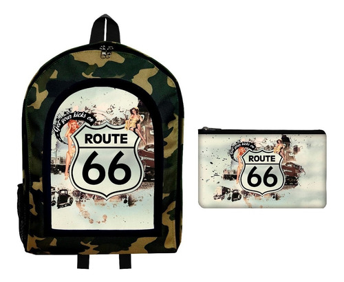 Combo Mochila Reforzada + Cartuchera Ruta Route 66 Pin Up