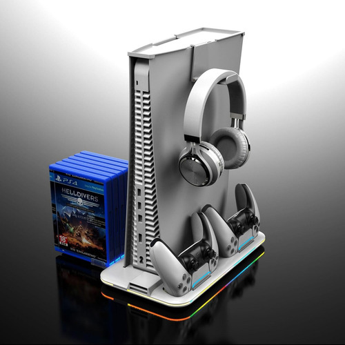Base de carga Gllai Cooling para mandos de Ps5 con iluminación RGB y ventilador de refrigeración interno compatible con Ps5 y Ps5 Slim White