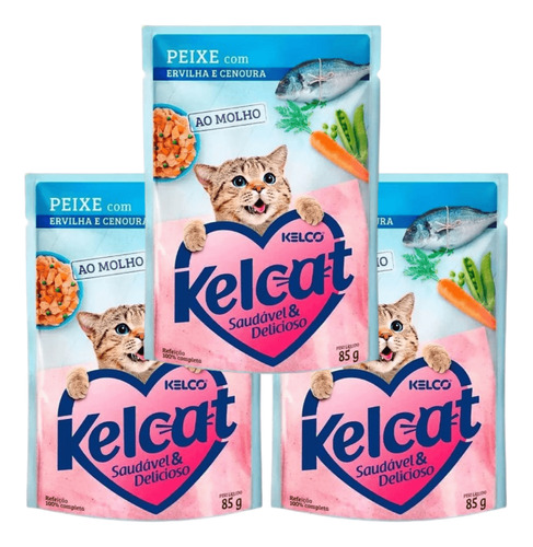 Ração Úmida Kelcat Sachê Peixe, Ervilha E Cenoura 85g 3 Un