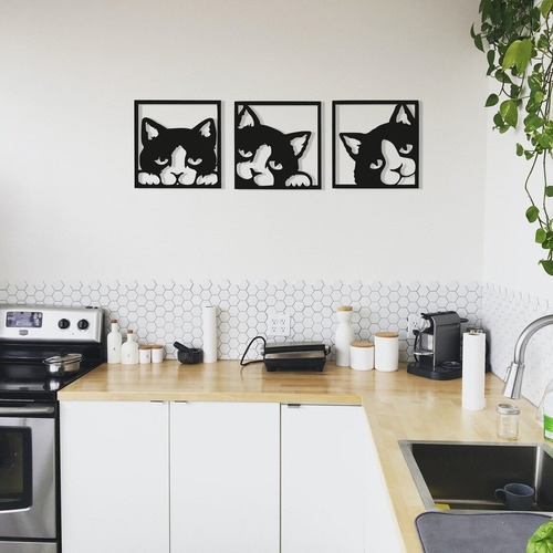 Imagen 2 de 6 de Set De 3 Cuadros Para Pared Gatos 20x20 C/u - Madera