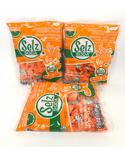 3 Bolsas C 100pz Caramelo Selz Soda Naranja Limon B Tinajita