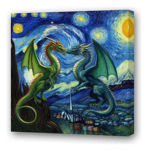 Cuadro 45x45cm Dragon Noche Estrellada Pareja Van Gogh