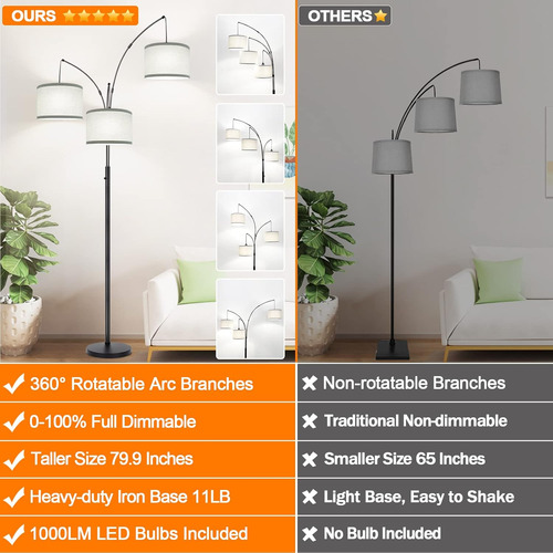 Lámpara De Pie Regulable 3 Luces De Arco Moderna 1000 Lm