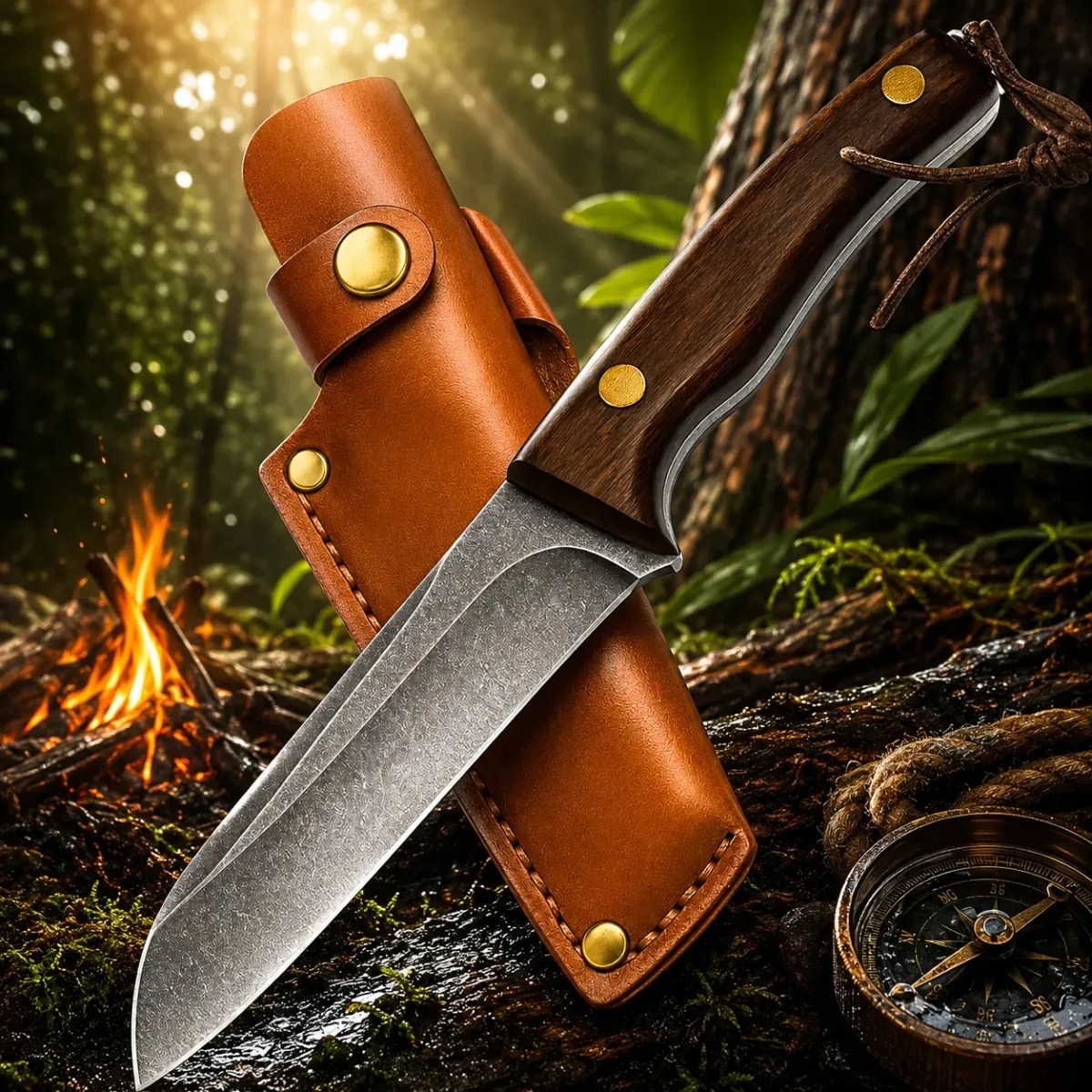 Faca Primordial Survival Full Tang Camping Bushcraft Sobrevivência 19,5cm Lâmina 9cm 4mm Cabo Madeira Carvalho com Coldre Churrasco Pesca Trilha Outdoor Aventura Resistente Afiada