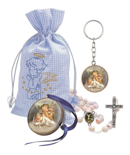 Imagem 1 de 1 de Kit Infantil Anjo Da Guarda, Terço, Chaveiro Azul