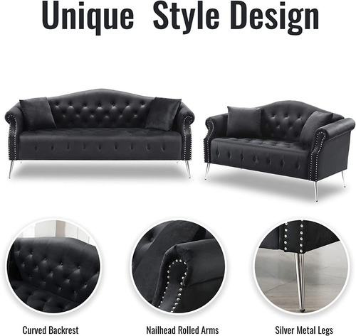 Juego De 2 Sofas Modernos Biplaza Color Negro Marca Homtique