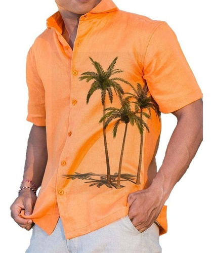 Camisa De Playa Manga Corta Hoja De Palma Hawaiana Para Homb