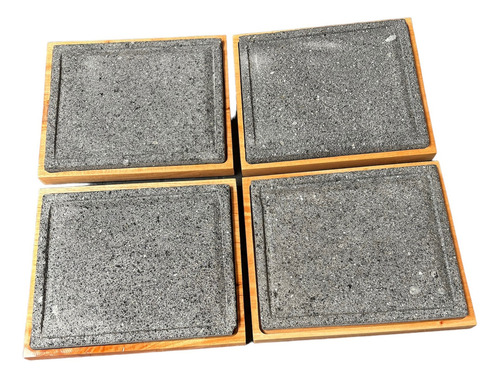 Plato De Piedra Volcánica Con Base De Madera 4 Color Gris oscuro Cuadrado