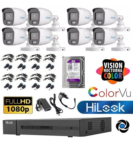 Kit Seguridad Dvr 8ch Hikvision+ 8 Camara 2mp Colorvu + 1tb 