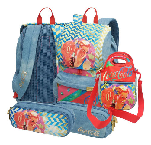 Kit Mochila Coca-cola Com Tampa + Estojo + Bag Jeans Pacific