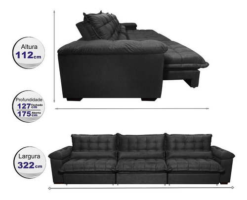 Sofá Retrátil e Reclinável 3,22m com Molas Ensacadas Cama inBox Aconchego Tecido Suede Preto