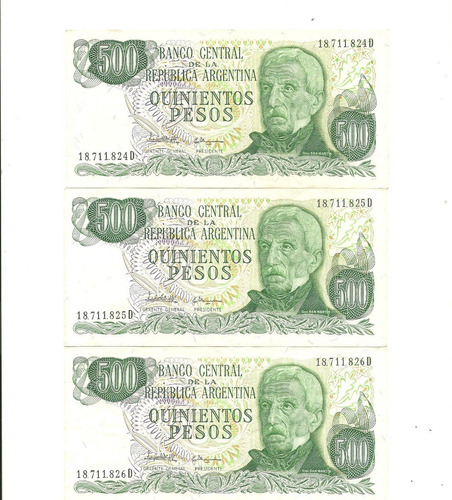 Argentina: 3 Billetes Correlativos 500 Peso Ley Sin Circular