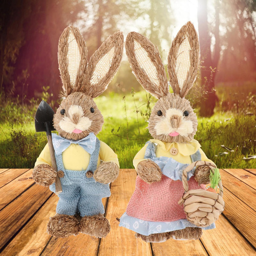 2x Decoraciones De Pascua De Conejito De Paja Para Parejas