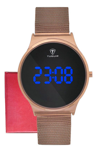 Relógio Tuguir Feminino Led Azul Tg107 Cor Café + Correia Dourado Bisel Dourado Fundo Preto