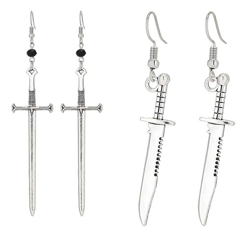 2 Pares Aretes Gancho Espada Larga Gotica Retro Para Mujeres