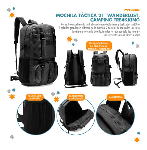 Mochila Táctica, Wanderlust 21 , Camping, Trekking - 13827 Negro
