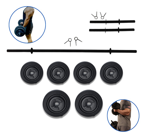 Kit Pesas 50lb Barra Recta 150cm Mancuernas Y Discos Negro