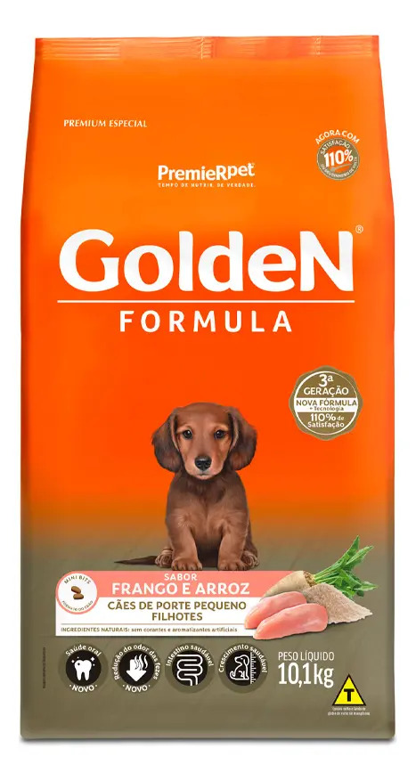 Golden ração fórmula mini bits para cães filhotes de porte pequeno sabor frango e arroz 3 kg