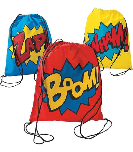Superhero Drawstring Backpack Bags, Set Of 12 - Comic Theme