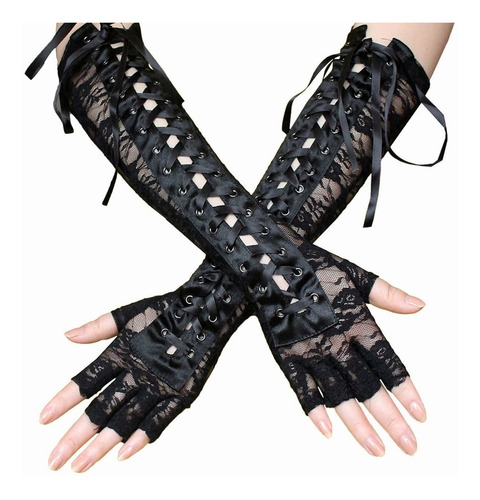 Guantes Largos Negros Mujeres Encaje Sexy Lolita Medio Dedo