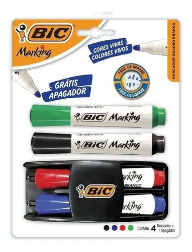 Kit pincel caneta quadro branco 4 cores + apagador Bic marcador preciso prático fácil limpar resistente escolar