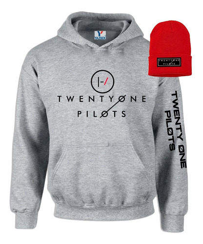 Sudadera Twenty One Pilots Gris Con Beany Rojo  